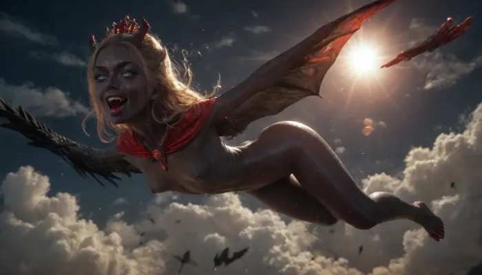18 year old Russian very sexy demoness, (((sexy black skin))), dark night, small horns, vampire fangs, (red jewelry all over body), goddess, black wings, cloud queen, flying, (full body), (sweat on skin:1.5), lens flare, warm and cheerful atmosphere, ((tiny breasts)), (beautiful erect nipples), (((chest pushed up))), ((slender body:1.33)), (((natural blonde))), very thin waist, tiny body, ((oiled skin)), (large thigh gap), narrow hips, small curved ass, (hyperrealistic pubic area), neat vagina, perfect teeth, cute smile, very clear and detailed face, perfect doll face, (flowing silky long hair), blue eyes, detailed eyes, symmetrical eyes, detailed rainbow membranes, skin pores, detailed nipples, textured skin, textured breasts, full waxing, pink manicure on nails, (blue eyes:1.4), detailed irises, very long eyelashes, eyeliner