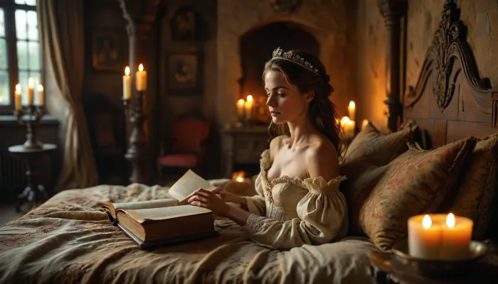 Begin with a vivid scene of the queen, around fifty years old, slender, flat-chested, and radiating an elegant, mature beauty. She is lying gracefully upon her grand, ornate canopy bed, wrapped in an exquisite, luxurious nightgown made from fine medieval fabrics. The folds of the garment catch the warm light as she reclines comfortably against embroidered pillows, completely absorbed in the book she is reading. Her posture conveys both nobility and serenity, as though the quiet of the evening belongs entirely to her.

The royal bedroom around her should appear magnificently detailed and authentically medieval. Massive stone walls, softly polished and smooth from age, form the heart of the chamber. They are adorned with richly woven tapestries depicting scenes of myth, royalty, and heraldry, adding warmth, color, and a sense of prestige to the otherwise cold stone surface. These hangings quietly sway in the subtle draft created by the room’s great stone fireplace.

A large, crackling fire burns in the hearth, filling the bedroom with a golden glow and a deep sense of comfort. Heavy wooden beams support the high ceiling, and the air carries the scent of burning wood, warm wool, and beeswax from numerous tall candle stands arranged throughout the room. Their flames flicker softly, creating dancing patterns on the surrounding stone.

Beside the queen’s bed stands a beautifully crafted wooden chest of drawers—a refined, antique piece of furniture that serves as a practical yet elegant element of her private space. Near it rests a discreetly positioned chamber pot, an authentic detail of medieval nightly life, shaped and decorated with the same care given to household items of nobility.

Attending to the queen is her loyal handmaiden, positioned respectfully nearby. She ensures the fire burns steadily, adjusts the placement of candles, and watches attentively for any sign that the queen may desire assistance. Her presence adds life and authenticity to the room, enhancing the sense of a functioning royal household, filled with dedication, warmth, and quiet dignity., (maximum resolution:1.5), <lora:MJ52:.6>, <lora:Super_Eye_Detailer_By_Stable_Yogi_SDPD0:.3>, <lora:BUT_SDXL_SHS:.3>, <lora:Italian_girl:.8>