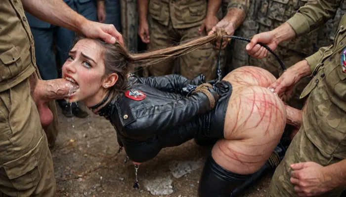 (RAW photo), 4K, best quality, realistic, photorealistic, masterpiece, extremely detailed, an extremely delicate and beautiful, dynamic, realistic anatomy, perfect shading, professional shading, depth of field, ((solo)), 19th century, 19 yo cute ginger girl, posing in palace, ((in like Soviet Military Uniform style nylon mini tight catsuit:1.4)), ((full body view)), ((view from side), (masterpiece, best quality, photorealistic, highres), (ultra realistic), (maximum quality), (high resolution), (extreme detail), (ultra realism), 3/4-body view from below, UHD, super high quality, super high resolution, extremely detailed, perfect eyes, (man is choking her from behind:1.4), ((hogtied, bound for sex, tied up)), (black eyes), (pale skin:1.3), cock in mouth, (brutal face fuck), Blowjob, (tears in eyes:1.5), (running makeup), (cum drips from nose:1.3), (cum drips from mouth:1.3), ultra hd, photorealistic, hyper gigantic large black cock in mouth, (((hyper gigantic large black cock in mouth:1.3))), oral cream pie, hair grab, sad, sad crying, tongue out, brutal face fuck, tears in eyes, running makeup, cum drips from nose, cum drips from mouth, one hand around her neck, choking her hard, strangling her, gasping for air, highly detailed, perfect lighting, natural lighting, holding head, deepthroat, black spiked pet collar with leash, tied up in chains, hands behind back, (anal:1.5), (masterpiece:1), hard nipples, shy, blushing, hourglass waistline, perfect anatomic body, ass up, anal spitroast, gagging on cock, (pulled nipples:1.2), nipple clamps, spitroast, cum explosion from mouth, cum explosion from nose, throat bulge, puffy cheeks, thick cum, holding her head with both hands, (((hyper large cock in mouth:1.3))), deep anal penetration, cum explosion, post orgasm, last orgasm, shot from below, Uber realistic, ultra detailed, masterpiece, arched back, detailxl, 35mm photograph, film, professional, 4k, 1girl, 5 boys, hdr, photographic, ultra realistic, ultra high details, back light, (dynamic pose), (dynamic angle), (random angle), (random pose), (dynamic view), (random view), best quality, with large muscular black men, gargantuan black cocks, anal sex expansion, ravenous hyper sex, large hyper muscular black men, interracial gangbang, (interracial sex), swollen black veiny cocks, (anal penetration)), (hands pulling hair hard, hair falling off:1.22), ((laughing insane, looking at viewer, big grin:1.5)), ((shows the V sign with his hands)), (extreme size difference:1.12), (eyes wide open in horror:1.44), (wide mouth spreader:1.18), (pleading expression:1.54), (terrified:1.58), (crying:1.98), (fear and panic:1.58), ((screaming in pain:1.46)), (huge dick:1.18), (whip marks:1.68), (whipped tits:1.67), magazine cover, <lora:LCMTurboMix_Euler_A_fix:2>, <lora:JuggerCineXL2:2>, <lora:Dark_Elf_Warrior:2>, <lora:Drow:2>, <lora:zavy-brbrn-sdxl:2>