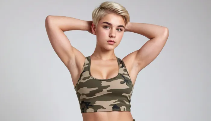 full body view of a cute 18-year old boy, feminine, short blonde hair with undercut, super tight fit camo tank top, curvy, ((armpits)), very large pectoralis major muscle, (((cute round feminine face))), plain white background, ((boobs)), dominant look