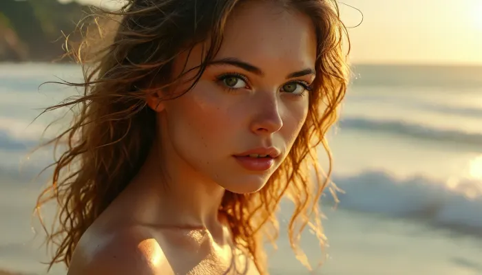 confident erotic expression, sunlit ocean waves sparkling in background, bright clear sky, golden sunlight casting natural shadows, cinematic perspective, vivid HDR, tack sharp, ultra-detailed skin pores and textures, vibrant natural colors, perfecteyes, <lora:MJ52:1.3>, <lora:BUT_SDXL_SHS:2>, <lora:Sweaty_Realism_4-000006:2>, <lora:LeanWithArmUp.1.0:1.8>, <lora:lora-sdxl-perfect-eyes:1.1>