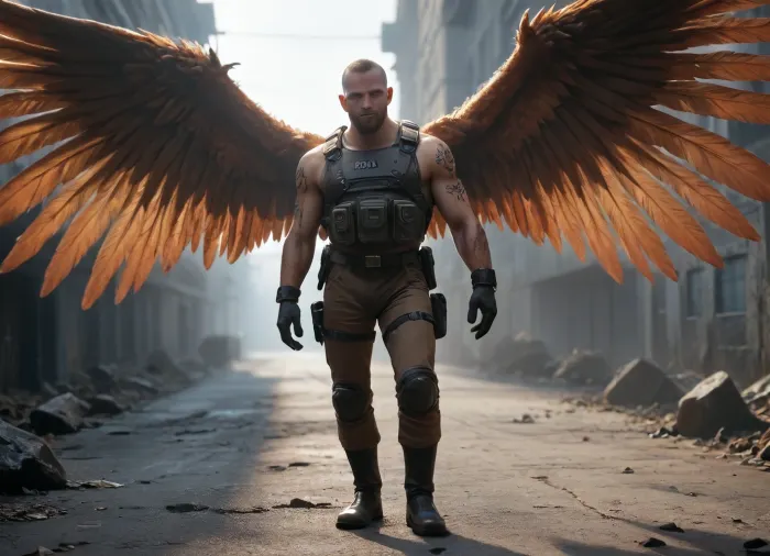 A man with wings and an eagle's head, a pumped-up torso, a body covered in protective gear, tattoos on his arms, legs, boots, and a military space uniform., <lora:fairytale_and_mythical_characters_r1:.8>, monster, <lora:Monster_XL_V2:.8>