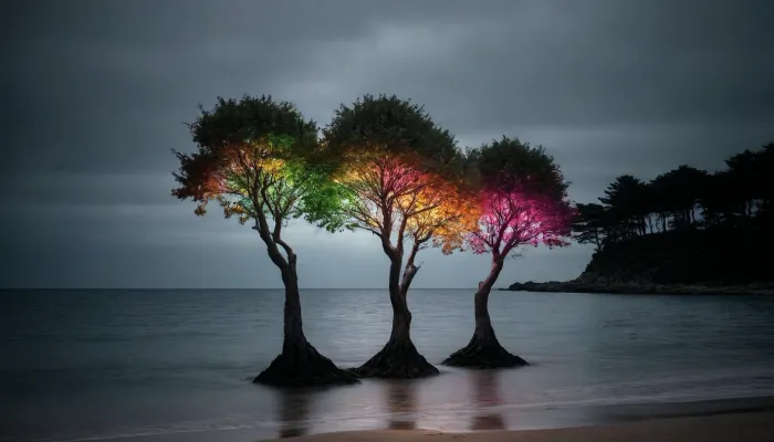 black background color on light trees on sea
