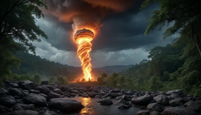 (fire tornado from sky tuching wather wellspring vith rocks and vegetation), in dark jungle, full moon, dramatic vidsible light