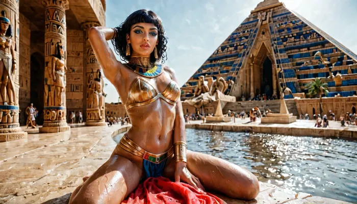 super beautiful egyptian queen Cleopatra is having sex cowgirl style, she is sitting upwards, her arms behind her head, her medium breasts are wet from sweat, she wears a traditional golden neckless and a pharaoh outfit, full body is seen, setting is next to the river Nil with pyramids in the back. POV, from male perspective, photorealism, UHD, masterpiece
