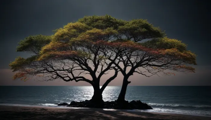 black background color on light trees on sea