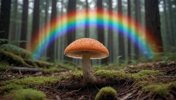 look to microscope, (mycelium, mushroom storm), glowing aura in dense forest, miracle, rainbow light circeled in open universe, orbit, rainbow storm, rainbow fire, rainbow air, rainbow earth