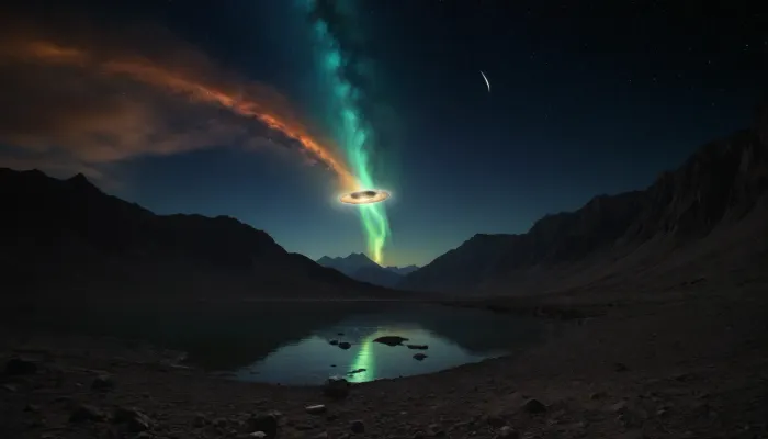 space dream, ufo, unreal dramatic dark blue, green, yellow clouds of gas, no limits, 4d makro, Sharp mountains, big lake of plasma, spiral galaxy in the sky, high mountains, the height of the mountains is 20 kilometers, huge sharp stones, blue and orange plasma slowly flows from the mountains, glow plasma streams, huge Jupiter with moons, several moons, galaxy, bright stars, dramatic sky, huge crater, rocky field, sharp mountains, there is no one around, no girls, no people, no animals