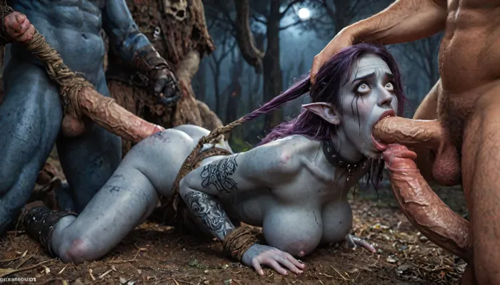 female drow elf barbarian, (dark night blue skin:1.82), tall, angry, busty, curvy, thin waist, big boobs, big butt, slim, fit, vitiligo, strong, (wearing Drizzt Do'Urdens armor, with bear fur pelt, dungeons and dragons inspired chainmail, purplish blue skin, black and purple hair, Dark, Elf, Warrior, Drow, tattooed, scarred, purple eyes, uberfit, muscular, blue skin, amazon, giant, fur barbarian armor, bloody, blood spatter, bear, bear heart), Dark, Elf, Warrior, tattooed, scarred, purple eyes, blue skin, amazon, giant, fur barbarian armor, bloody, blood spatter, bear, bear heart, zavy-brbrn, defeating a woman in combat, fighting, killing, blood, winning fight, slave collar, slave_restraints, outfit, huge cock, seductive, deep throat, blowjob, anal, stretch anus, painful anal, gang bang, group gangrape, unrealistic oral creampie, cum on tits, cum on face, naughty, excited, enthusiastic, wide eyes and surprised, ruined makeup, porn photoshoot, blushing, detailed background, hyperrealistic, 8K, BadX, Stable-Yogis-Makeup-Enhancer-XL, spectacular lighting, (((hyper large cock in mouth:1.3))), oral cream pie, (eyes wide open in horror:1.24), (wide mouth spreader:1.12), (pleading expression:1.18), (terrified:1.12), (crying:1.24), (fear and panic:1.44), UHD 8K, (full body photograph:1.1), (score_9, score_8_up, score_7_up, UHD 8K, masterpiece, best quality, maximum details, natural light, extreme realism, cinematic still), Very realistic, 8k, ultra detailed, hyper extreme size difference, UHD, super high quality, super high resolution, extremely detailed, perfect face, perfect eyes, ((hogtied, bound for sex, tied up)), (black eyes), (pale skin:1.3), cock in mouth, (brutal face fuck), Blowjob, (tears in eyes:1.5), (running makeup), ultra hd, photorealistic, hyper gigantic large black cock in mouth, hair grab, sad, sad crying, tongue out, brutal face fuck, tears in eyes, one hand around her neck, choking her hard, strangling her, gasping for air, hard nipples, (five Black skin hyper large muscular men), (5 very large and hyper thick black cocks), (monster black cock:1.6), anal spitroast, gagging on cock, random pose, random view angle, (((hyper gigantic large black cock in mouth:1.3))), (pulled nipples:1.2), nipple clamps, spitroast, deepthroat, deep anal penetration, Uber realistic, arched back, detailxl, 35mm photograph, film, professional, 4k, 1girl, 5 boys, hdr, photographic, ultra realistic, ultra high details, back light, anal sex, with large muscular black men, gargantuan black cocks, anal sex expansion, ravenous hyper sex, large hyper muscular black men, <lora:LCMTurboMix_Euler_A_fix:2>, <lora:detailed_notrigger:2>, <lora:JuggerCineXL2:2>, magazine cover, Realism_Quality_2xx_By_Stable_Yogi, score_9, score_8_up, score_7_up, (((very pretty face:1.3))), (((extremely ultra detailed face:1.3))), perfect fingers and hands, <lora:Dark_Elf_Warrior:2>, <lora:zavy-brbrn-sdxl:2>