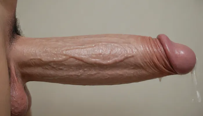 Close up of the awesome cock of Danny D, cumming on bimbo tits, huge ballsack, (massive erect penis:1.8), side view, cock and balls