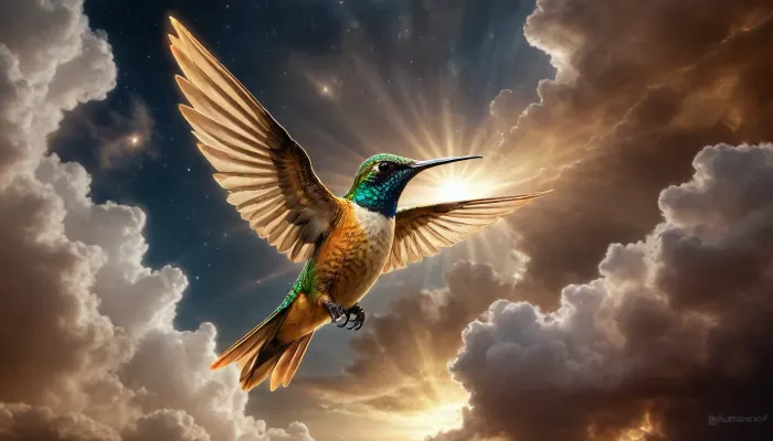 wakan tanka galaxy dramatic clouds, golden mirror colibri, ((flash))