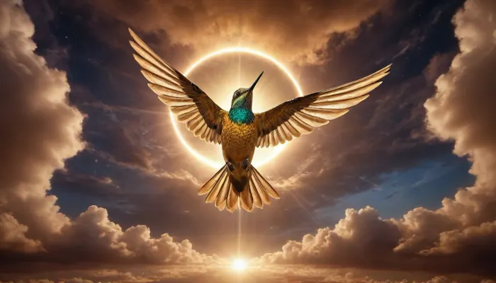 wakan tanka galaxy dramatic clouds, golden mirror colibri, ((flash))