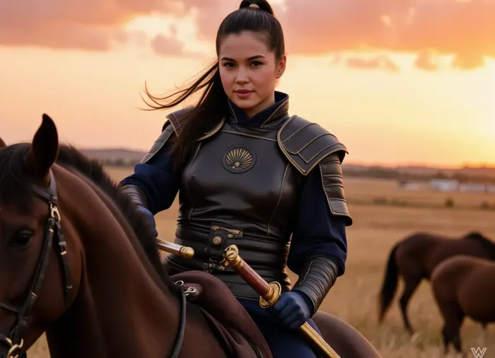 (masterpiece), (high quality), (picturesque detail), (photorealistic), (ultra-detailed), young Chinese warrior knight on horseback, (sharp focus), (dynamic pose), (intense gaze), (narrative lighting), (dramatic lighting), 1.5, in black leather armor, (black armor with gold accents), graceful, black hair tied in a high ponytail, hair blowing in the wind, holding two swords with gold hilts, (one blade with red inlay), (gold details on swords), (dark blue clothing under armor), black cloak, (powerful and determined), on a massive horse, part of the horse's muzzle visible in the foreground, (third-person view), (post-apocalyptic world), (a herd of horses grazing in the background), at sunset, (orange and red tones), (sharp shadows), (deep contrast), (atmospheric), (cinematic), (epic), (fantasy art), masterpiece, 8k, detailed textures, textured leather, realistic eyes, delicate facial features.
