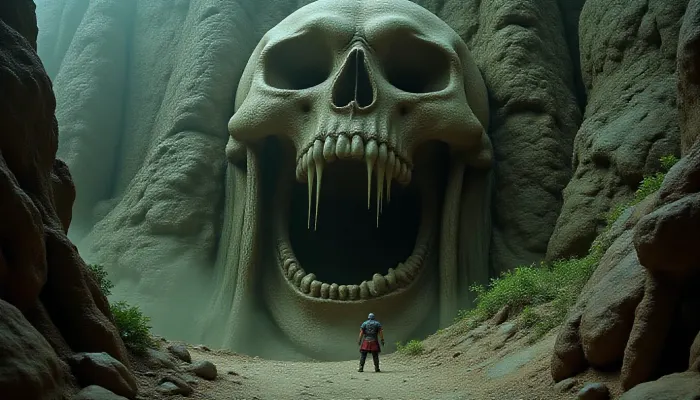 (Epic shot:1.2), of a lone warrior facing a colossal skull gate entrance carved into a mountain, ((skeletal details:1.3), dripping goo, weathered stone, ancient architecture, vines, roots, creepy, ominous), (fantasy art, dark fantasy:1.1), (highly detailed, intricate, gritty texture:1.2), volumetric lighting, dramatic shadows, muted dark colors, greens, browns, grays, desaturated, deep perspective, (digital painting, concept art by Frank Frazetta, Zdzisław Beksiński:1.3), grim, atmospheric, (masterpiece, best quality, ultra high resolution), sharp focus, professional artwork, award winning