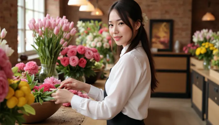 Photorealism, photorealistic, realistic, {beautiful Asian woman, florist, with a flower in her hair, arranging a gorgeous bouquet of exotic flowers for the holiday, standing in a flower shop with Asian flair}, lifelike, highly detailed, ultra-realistic, cinematic lighting, 8K