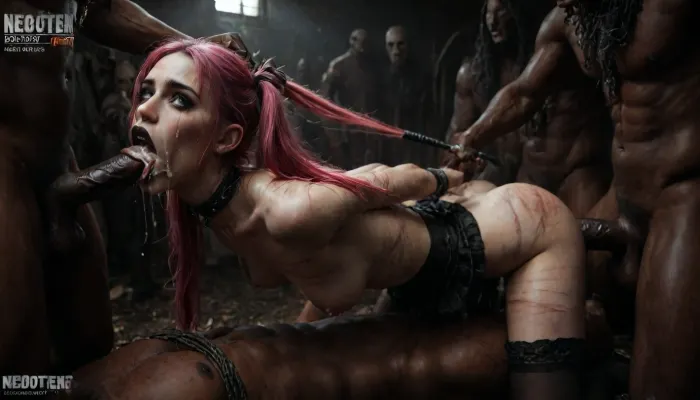 (very long pink hair in two pigtails long bangs, big blue eyes, small nose, plump lips, European sexy face, (gothic, goth, pale skin, black eyeliner, black lipstick), thin neck, perfect huge firm breasts, small hard nipples, anorexic body, very thin waist, small butt, long skinny legs, (full lenght), black long sleeve blouse, mini shorts, black long stockings), ((in a black gangbangrape van)), (3Black skin muscular man), (five Black skin hyper large muscular men), (5 very large and hyper thick black cocks), (monster black cock:1.6), (((hyper large cock in mouth:1.3))), oral cream pie, screaming, shocked, tearful, deep anal penetration, (pigtails:1.3), cum explosion, post orgasm, last orgasm, shot from below, Uber realistic, 8k, ultra detailed, masterpiece, arched back, detailxl, 35mm photograph, film, professional, 4k, 1girl, 5 boys, (neoteny:1.7), riding a giant cock in her ass, Midjourney, interracial spitroast, (detail after deepthroat huge black cock at open mouth cum from cock to mouth cum on face:1.4), (porn magazine cover:1.4), sweaty, steamy, detailed face, hourglass waistline, perfect anatomic body, ass up, anal spitroast, gagging on cock, random pose, random view angle, ((hogtied, bound for sex, tied up)), (((hyper gigantic large black cock in mouth:1.3))), cum drips from nose, cum drips from mouth, (pulled nipples:1.2), throat bulge, puffy cheeks, thick cum, holding her head with both hands, hair grab, holding head, deepthroat, hdr, photographic, ultra realistic, ultra high details, back light, (front view), (dynamic pose), best quality, flatchested, incredibly lean body, feminine, anal sex, with large muscular black men, gargantuan black cocks, large hyper muscular black men, interracial gangbang, (interracial sex), swollen black veiny cocks, (double anal penetration), hardcore double penetration, proper physics, big black cocks, muscular black interracial gangbang, (forceful penetrations), extremely graphic, shocked expression, beautiful hands, massive cum in ass detailed background, dynamic angle, volumetric lighting, Stable-Yogis-Makeup-Enhancer-XL, (extreme size difference:1.12), (hands pulling hair hard, hair falling off:1.22), (eyes wide open in horror:1.44), (wide mouth spreader:1.18), (pleading expression:1.54), (terrified:1.58), (crying:1.168), (fear and panic:1.58), ((screaming in pain:1.46)), (huge dick:1.18), (whip marks:1.68), (whipped tits:1.67), magazine cover, drkfntasy, NSFW, <lora:dark:2>, <lora:darkfantasystyle:2>, <lora:LCMTurboMix_Euler_A_fix:2>, <lora:JuggerCineXL2:2>, <lora:zavy-brbrn-sdxl:2>