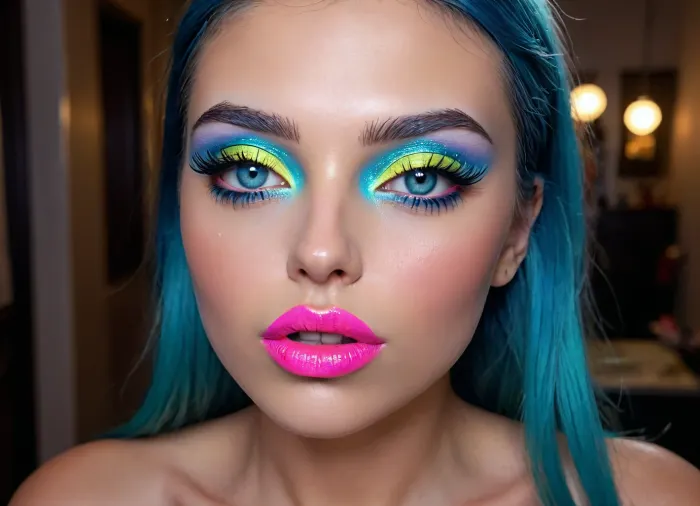 markgavatino art style, (Masterpiece), (ultra high definition), sexy robot with robot face, (hyper fully robotic girl), Beautiful, long dark BLUE hair, natural breasts, and white eyes., (((cyan shiny hyper glowing neon pussy lips))), (B3YOND_STYLE_MECHA), (hyper spread pussy, hyper gaping pussy), ((makeup:1.5), long blue eyelashes, olive eyeshadow with glitter), (lips:1.2), pink lipstick, seducing smirks. At the final stage, the cameraman finished on the woman's face makeup., makeup, eyeliner, eyelashes, <lora:detailed_notrigger:.8>, <lora:DetailedEyes_V3:1.4>, <lora:Modern_MakeUp_XL_v0_1:2>