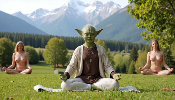 Create an image of a yoda like Character leading a yoga class in a park, he should be, (in a lotus posture:1.4), . The class should have at least 2 hot women. The women should be nude in a, (lotus posture:1.5), The park should be surrounded by mountains with snowcapped peaks., (artwork:1.2), (photorealistic:1.3), (high resolution:1.1), soft lighting, warm tones, realistic bodies, anatomically correct, detailed skin, clear facial features