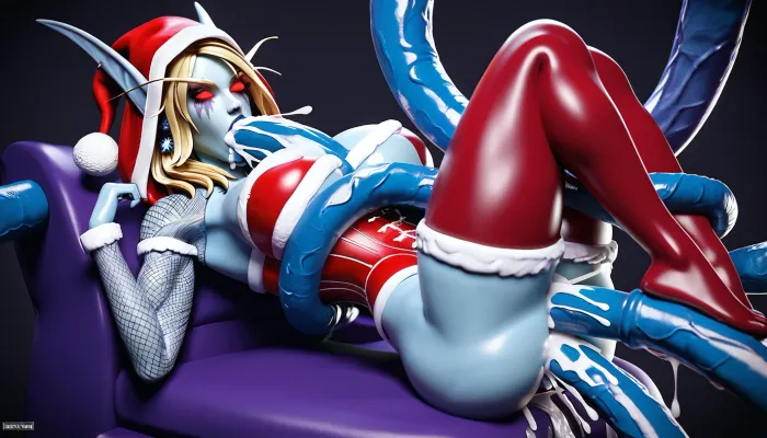 (Sylvanas Windrunner from warcraft), slender body, firm buttocks, fit toned body, thick thighs, muscular thighs, strong legs, (wearing A figure-hugging bustier in classic Christmas red, made of shiny velvet with white faux fur trim along the neckline. The cut is low and sweetheart, . Sheer mesh sleeves with a snowflake pattern), massive gigantic long puffy mega erect very huge tentacle erect horsepenis halfway up in anal, missionary, massive cum, effervescent orgasm, tentacle double penetration, deep throat, boobjob