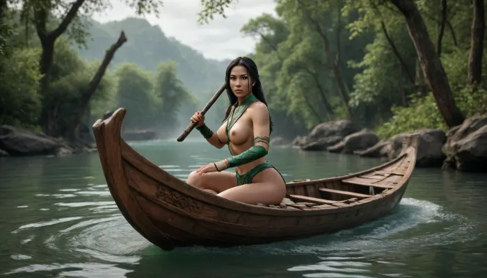 Naked Jade, (Mortal Kombat), is sailing down the river in a beautifully carved wooden boat, using a paddle, with trees growing along the shore, cinematic, HD