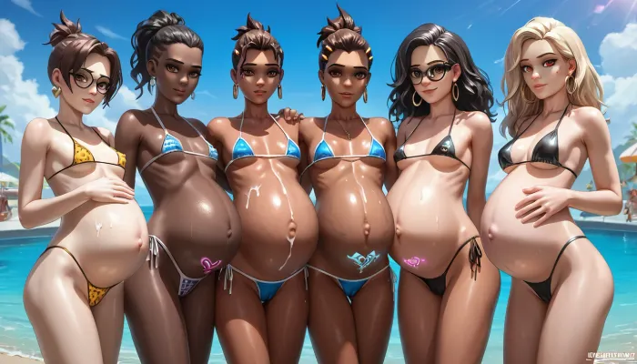 5 women from Overwatch, slim body, tiny-waist, very small breasts, dark olive skin, wear a undersized tight bikini, heartshaped womb tattoo on stomach, pregnant, breast milk