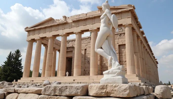 Photorealism, photorealistic, realistic, {the ruins of the Parthenon, (the foundation remaining from the statue), with a model posing on it, depicting the goddess Athena, (with an owl on her shoulder), and a shield and spear, depicting the battle of the centaurs with the Lapiths at Pirithous' wedding feast, and figures...}, life-like, highly detailed, ultra-realistic, cinematic lighting, 8K