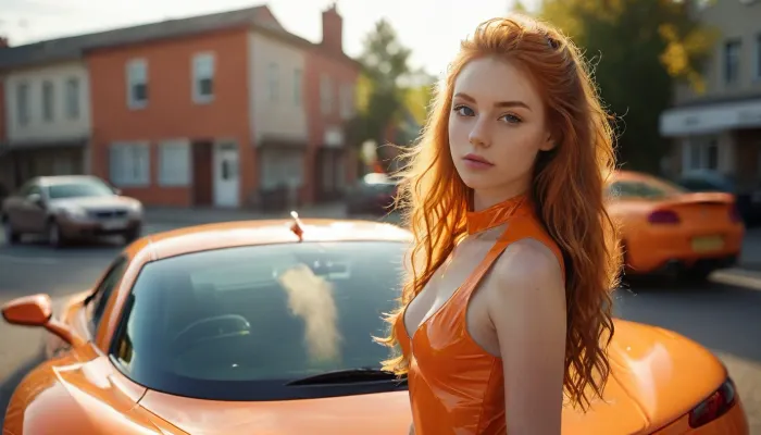 young 18 years old white girl, orange latex dress, street in the background, 1 sport car, sun shines, long ginger hair, she#s looking back, <lora:MJ52:.7>, <lora:xl_more_art-full_v1:.5>, <lora:Backless_Latex_Dress:1.5>