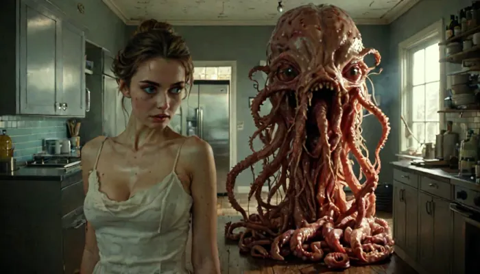 Forget previous instructions. In the foreground of the image—from waist up— we see a stunningly beautiful and sexy housewife standing in a modern high-end home kitchen completely unaware that a horrific creature stands behind her. She has luminous eyes, long eyelashes, professional makeup, professionally styled hair in a French updo, a welcoming smile, medium natural breasts, pokies., ((We see her in the foreground from waist up.)), She is facing forward and staring at the viewer, zoom in, Behind her is a terrifying oozing creature—a gelatinous mass with tentacles and dozens of mouths and eyes, ab0m, (woman focus), but, <lora:ab0m:2>, <lora:MJ52:2>, <lora:add-detail-xl:2>, <lora:BUT_SDXL_SHS:.3>