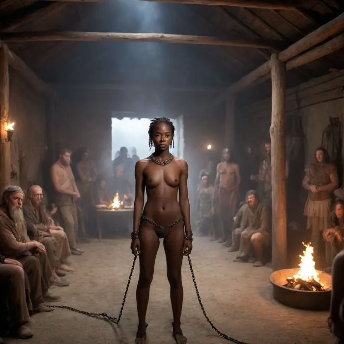 A highly detailed, photorealistic scene set inside a Viking chieftain’s longhouse during the 14th century. The interior is rugged and authentic, with thick, soft animal furs—often sheepskins—spread out as makeshift bedding. Large central fire pits illuminate the space, with a big chimney above to vent the smoke. In the foreground, (a 22 years old and black skinned female African Slave in chains:1.6), has various sex lightly dressed on the furs with several masculine blonde vikings, (viking warriors:1.3), tall and muscular figure, stands by the fire, the silhouettes highlighted by the warm, flickering light. The woman, seen from behind, shows her slender, athletic form as her vagina becomes hard thrusts, The atmosphere is filled with the smoky, dim light of torches on the walls, and the rough-hewn wood of the longhouse adds to the rustic charm. The interplay of light and shadow creates a romantic and intimate mood, capturing the essence of Viking life, The scene is rich in detail, capturing the intensity of the rain and the atmosphere of the night, (ziprealism:1.3), ultra-sharp details, realistic skin texture, refined contrast, 8k detail, authentic facial expression, clean composition, (maximum photo quality:1.4), (maximum resolution:1.5), cloudy, smoke, atmospheric, clouds, fog, onarmor, meatshield, fannypacking, <lora:crowd_notrigger:1.4>, <lora:Cloudy_Style:.8>, <lora:onarmor_xl:.8>