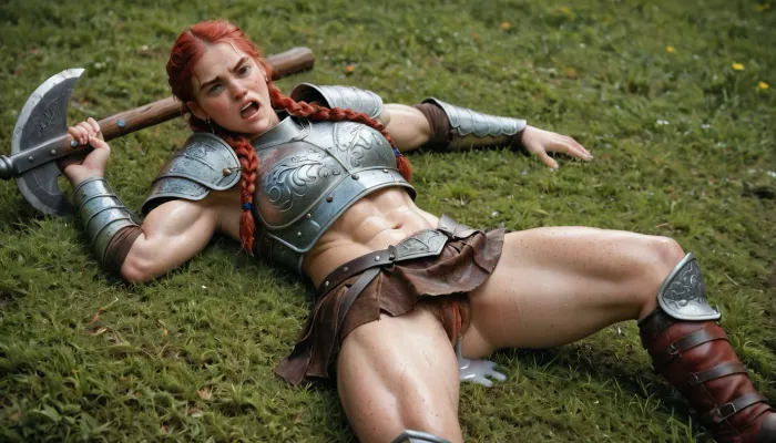 dwarf woman, medium weight, (wearing heavy armor:1.3), hauberk, boots, helmet, leather skirt, axe and shield lying nearby, toned, solo, red long braids, (oversized red, hairy natural pussy:1.1), (hairy legs:.8), (hairy arms), (freckles over entire body:1.2), no make up, lying on back on grass, in mountains, spread eagle, grabbing sheets, (red face:1.4), yelling, shouting, (dripping sticky juices:1.4), angry, (wet thighs), <lora:Viking_Helmets:.8>, F41Arm0rXL, <lora:Fae_Armor_XL-000008:.9>