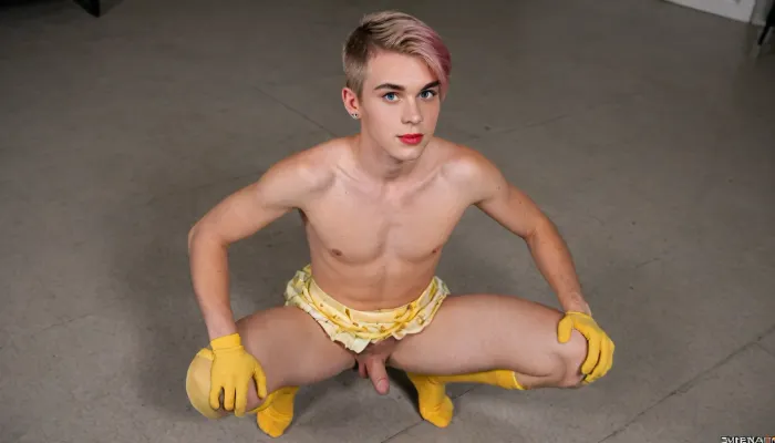 effeminate twink, ((twink)), (((boy))), (((gay))), (((crossdresser))), (((pink wig))), short, (((artificial yellow wig))), (((yellow wig))), red lipstick, eyeshadow, makeup, and false eyelashes. completely shaved. his body is delicate, feminine, and petite. he has slender arms, a slim waist, and a round butt. his penis is small, (((visible penis))), (((micropenis))), (((shrunken penis))), (((yellow feather skirt))), (((yellow feather glove))), (((yellow knee-high socks))), delicate, and shrunken., 19 years old, small and pointy breasts, ((great viewing angle)), (((squatting on the ground imitating a chicken))), masterpiece, professional lighting, Tony, detailed, style, <lora:Tony_Conrad:1.7>, <lora:SuchPetWig_r1:1.6>, <lora:detailed style v1.5:1.3>, <lora:Translucent_Slime_-_FLUX:.8>