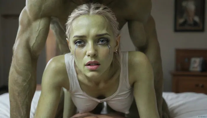 (((Green Muscular Male Alien))), (((white girl)), (((Alien sex, fucking an Alien)))), (((erect nipples visible))), ((((girl crying face expression))))