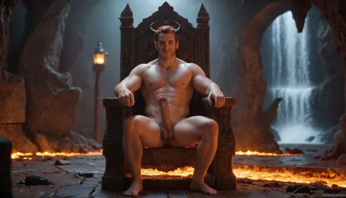 A massive, dark cavern resembling hell — Satan's throne room. The back wall glows with molten lava slowly flowing down its surface. The cave walls are engulfed in roaring flames, casting a fiery glow across the chamber. On the left side, a large waterfall pours into a small, steaming rock basin. In front of the glowing lava wall stands an enormous black throne, upholstered with rich red velvet — Satan's throne. Satan sits on it, occupying only half the width of the seat. He is completely naked. His Penis is hard an big and dripping cum.He has a subtle, almost imperceptible smile on his face, and his arms are extended as if inviting the viewer into his embrace. The atmosphere is intense, infernal, and photorealistic, with dramatic lighting, shadows, and smoke.", penis, <lora:xpenis-1.5e:1>