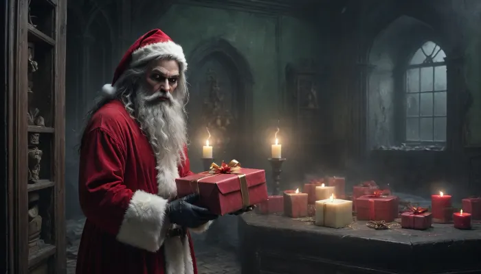 1female, 1santa, a young woman in a nightgown, 22 years old, stands frozen in terror, her expression one of pure fear, In a crumbling, dystopian baroque palace, the air is thick with an unsettling gloom. In the midst of this desolation, (a demonic Santa has gift packages for her:1.5), his green glowing eyes piercing the darkness, and his monstrous form casting a sinister presence, Scattered around the room, broken gifts lie abandoned, their wrapping torn and faded. An old Christmas tree stands in a corner, its needles largely fallen, leaving behind skeletal branches adorned with cracked ornaments. The dim glow of candles flickers, casting long, eerie shadows across the decaying walls. The entire scene is bathed in a gloomy, oppressive atmosphere, where every festive element is warped and broken, creating a chilling, nightmarish holiday scene, Black, and, white, art, black, shading, charcoal, toned, brutal, dark, b/w, color, scheme, <lora:Cloudy_Style:.8>, <lora:Black and white art.V1:.8>