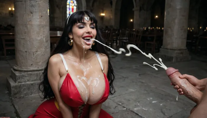 white man with a huge 20 inch penis, sitting on a stone altar in a church, vampirella kneeling in front of him, (milf:1), thick curvy hourglass body body, giant perky breasts, breast expansion, hyper wide hips, massive giant perky tits, giant fat ass, black hair, handjob, (ejaculation:1.5), happy face, (realistic excessive thick runny cum all over her face and body), cum on forehead, nose full of cum, mouth full of cum, lots of very thick cum, loads of cum, woman, on, face, excessive bukkake, cum, facialized, superfacialized, excessive cum dripping from penis, <lora:SDXL_MassiveCowsLoRA_v1:.5>