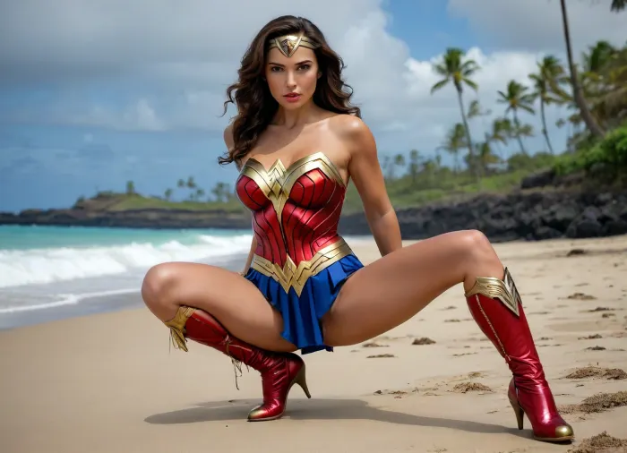 Create an image, (view of full body), of *Wonder Woman* in her classic WWII-era costume, a red, gold-breasted armor top with a prominent eagle emblem, 36DD breasts, showing deep cleavage, blue skirt, red high heel wedge boots. Looking at viewer with her light blue eyes. Include her golden tiara and silver bracelets., ((Squatting on a Hawaiian island beach)), ., <lora:add-detail-xl:2>, <lora:BUT_SDXL_SHS:.3>