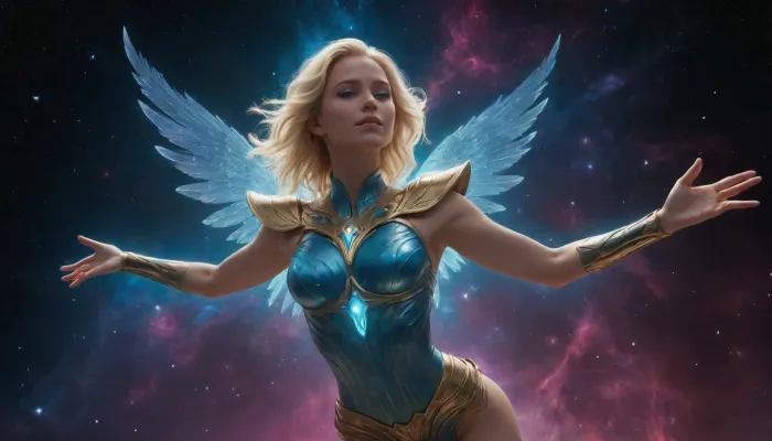A breathtaking full-body hybrid portrait of an angelic 45-year-old blonde Cosmic Seraph, tall, luminous, and transcendent. Her presence radiates celestial power. Her duck-shell blue battle attire has transformed into cosmic nebula armor, glowing plates of living stardust, swirling iridescent duck-shell blue, violet, teal, and gold. The armor appears semi-translucent, as if formed from compressed nebulae, starfields, and drifting cosmic gas. Tiny star particles flow across the armor like rivers of light.
Her face is radiant with cosmic divinity, glowing gold pupils filled with star clusters, shimmering pearl-blue war paint, luminous cheek highlights like distant nebula glow, sculpted brows, and glossy rose-gold lips that reflect the cosmic light around her. Her blonde hair drifts weightlessly in zero gravity, infused with faint streaks of starlight, crowned with floating crystalline blue rose shards orbiting in a halo-like ring of cosmic energy.
Her wings are enormous galaxy structures, fully unfurled and spanning the frame. Each wing appears made of cosmic matter, swirling galaxies, nebula clouds, star clusters, and luminous dust. Some sections are feathered in shimmering white-blue, others resemble spiraling galaxies or glowing fractal constellations. Light rays beam through the wings as if they contain entire star systems.
Behind her, the cosmic battlefield stretches infinitely, drifting nebula clouds in magenta, cyan, and deep blue, exploding star fragments, swirling wormhole vortices, radiant beams cutting through interstellar dust. Fragments of ancient celestial architecture float through space as cracked marble monoliths embedded with star runes.
Her hands glow with divine cosmic energy as she channels a massive spell, swirling miniature galaxies, rotating runic rings, and crackling quantum light orbit her palms. A blade of pure starlight materializes at her side, shaped like crystallized cosmic fire.
Feathers made of light drift around her like falling stars. Gravity bends subtly around her form, warping the space behind her with faint lensing distortions.
Ultra-detailed textures, hypersaturated cosmic lighting, radiant iridescent nebula effects, SDXL quality, cinematic, transcendent cosmic-seraph aesthetic.