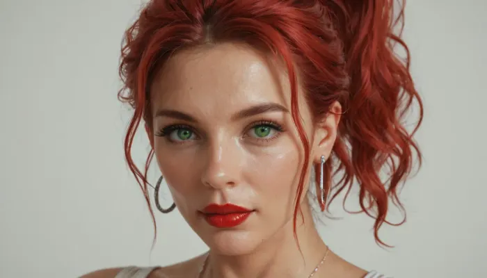 mature face, big red lips, small nose, green eyes, narrow face, red hair, ponytail