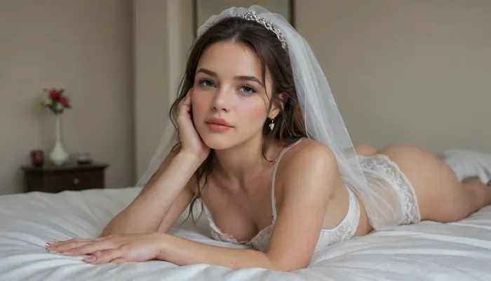 cute young bride cumbucket lying on the bed with her bridal veil, a gallon of cum has recently been poured over all of her body and face, portrait, from side, looking at the cam, taken by professional photographer, cinematic dark lightning, luxury hotel room, nip slip, 4ng3l, <lora:SDXL_BetterFaces-LoRA_v1:1>