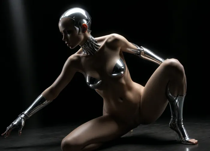 A sexy female robot with reflecting metallic chrom skin, a highly detailed and vibrant fantasy artwork, concept art nude big brest girl, art by Hajime Sorayama. She wears nothing, completely nude, chrome skin, Chrome Eroticism, smooth, reflective surfaces that enhance the metallic sheen of robots. The detailed rendering of textures, from the softness of human skin to the hardness of metal, she has no hair, bald head, dynamic lighting, lights, digital painting, intricated pose, highly detailed intricated, . digital artwork, illustrative, painterly, matte painting, highly detailed, best quality, fine detail, warm lightning, erotic, porno, subdued atmosphere, chiaroscuro, full body, full body view, light_green background. The body floats weightlessly in space. Crouched position. Tumbling body in space. Art style inspired by Hajime Sorayama and the sexy robot series., low angle, ((randomized-body view from below)), <lora:dark:.5>