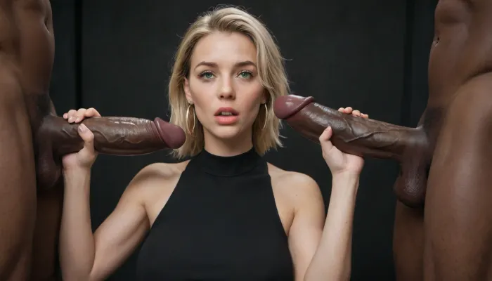 white woman, (milf:1), blonde hair, green eyes, nsfw, black spandex top, massive breasts, looking suprised and in shock at a massive cock of a black african male in front of female, gigantic thick 25 inch penis, huge erection. sqeezing his testicles, black room, black background.