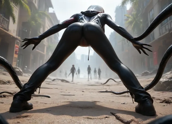 (focus on spider-gwen as a black symbiote has fully corrupted her body with her girl face replaced by a venom face), (surrounded by many slimy black tentacles:1.2), (she is wearing a full really tight black symbiote bodysuit, pussy silhouette, one boob out:1.2), (she is on vacation at a tropical island beach:1.2), (her body is fully absorbed by a black symbiote, she is transformed by symbiote and is now a she-venom, spider-gwen has turned into a Venom girl, black symbiote skin, venom face:1.4), evil grin