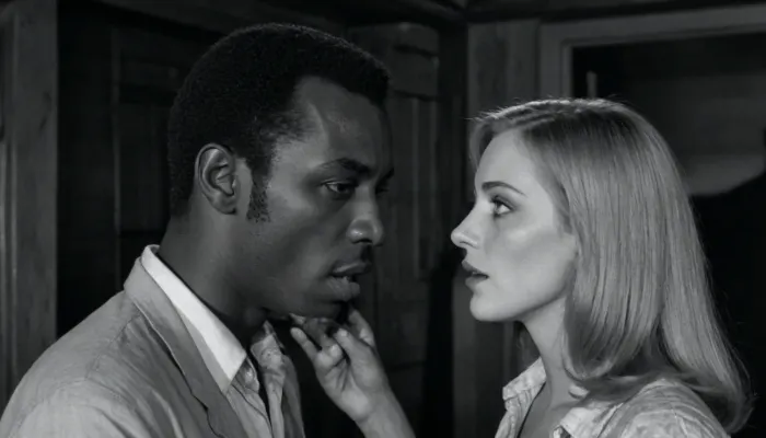 1968, 35mm b&w, George Romero's film Night of the Living Dead, scene with interracial couple, a white woman kisses a black man in a dilapidated house, zombies try to pull the couple apart.