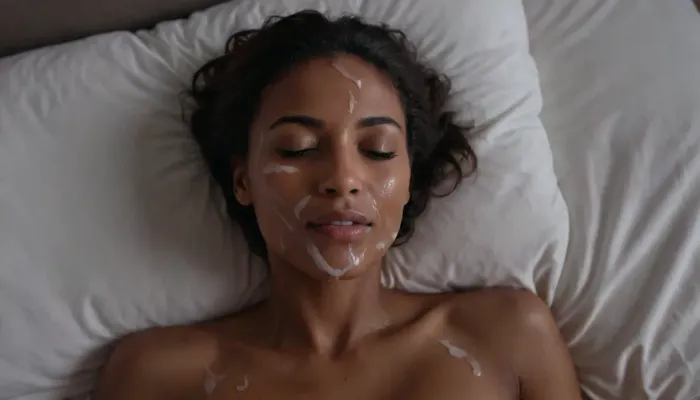 Black skinny 30yo woman with white liquid on her face, nude, laying in bed, penthouse, facial, cum, on, face, breasts, stomach, covered, in, perfect, <lora:Facials:.8>