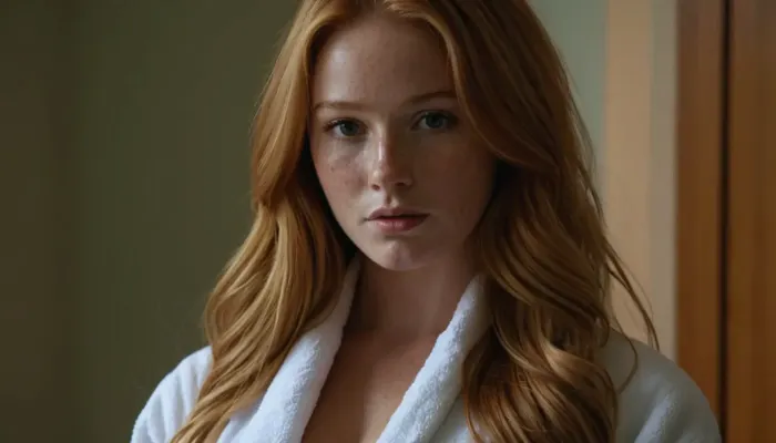 Shy girl next door that is secretly thick as hell with a round ass and perfect huge tits. Long strawberryblond hair with golden highlights, freckles. Wearing white bathrobe, view to the front