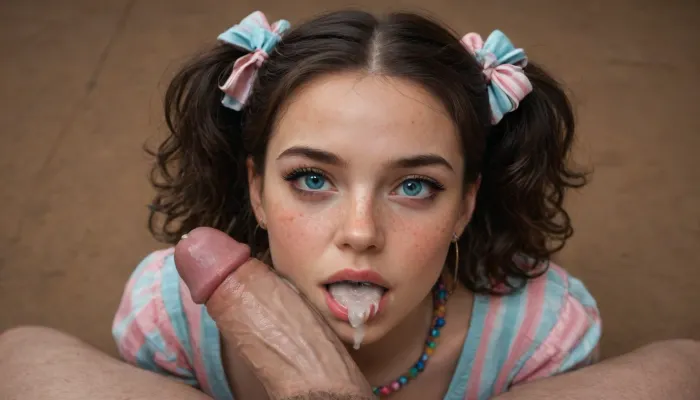 Medium build, black hair, full body view, close up, (two pony tails hair with bows:1.3), hair up with hair accessory, (girl is wearing candydoll dress:1.3), blue eyes, huge cock, seductive, anal, stretch anus, painful anal, gang bang, tight anal, sexy face, naughty, excited, enthusiastic, wide eyes and surprised, ruined makeup, porn photoshoot, blushing, brown background, (looking at viewer:1.3), (pov:1.3), (cock dripping cum in mouth:1.3), (freckles on face:1.3), (wearing candydoll necklaces outfit:1.3), ((4K 8K HD HQ DETAILED face:1.3))