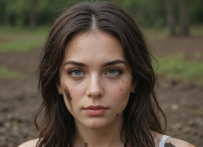 A photorealistic close-up shot of a woman with dark, messy muddy hair, partially covered by dark, textured mud. The image also shows a woman in the center of the frame, looking directly at the viewer with a neutral expression. The woman appears to be in her late 20s and has long, wavy black hair that falls down her back. She has a chubby body and is wearing minimal clothing. Her face is covered in black mud, with some areas appearing darker and others lighter, creating a sense of depth and texture. Her eyes are deep brown and she is looking to the side with a slight smile on her lips. The background is a textured, dark mud surface with visible cracks and texture, which contributes to the overall moody and gloomy atmosphere of the image. The overall impression is one of vulnerability and isolation, as the woman's face and body are covered in a thick layer of black mud., <lora:Chubby BBW - XL:1.5>