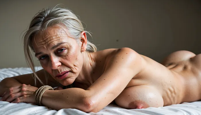 (A 69-year-old woman:1.8), lying face down, naked, in profile. Looking at the viewer, with a bob haircut, black hair, big sagging breasts, rounded buttocks, and pale skin., (Her hands are tied behind her back.), UHD 8K, extreme realism, maximum detail. Arms bound, rope. A Black man is lying on top of her and pulling her hair. He is penetrating her anally. She screams in pain, agony, anguish, anxiety, depression, despair, grief, pain, sadness, stress, suffering., <lora:SDXL_BDSMArmbindersXL:.8>, <lora:Lamentations-000016:.8>