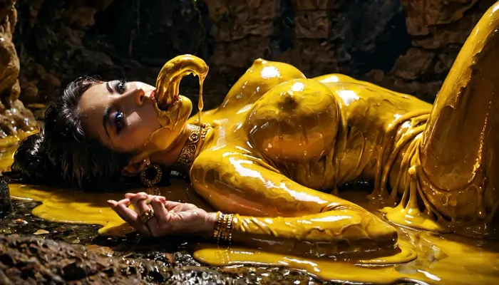 Photorealistic, Best quality, 1 person, (Arabian princess), attacked by, a shiny gold goo mass, clothed Arabian princess laying on her back, goo in mouth, gold goo creature is corrupting her mind, in an, (underground tomb filled with riches), night time, mind controlled, (fear:.3), <lora:sd_xl_dpo_lora_v1:.6>, <lora:MJ52:1>, <lora:dark:.6>