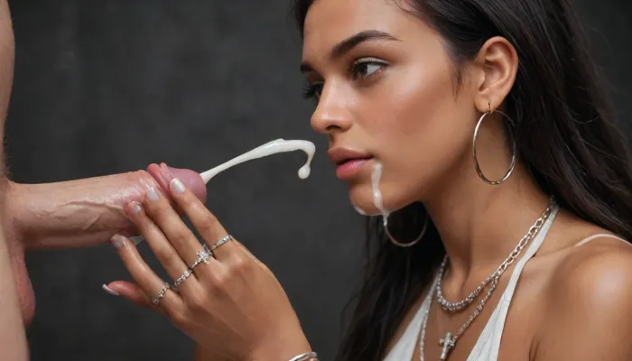 (Fingers with painted very long non-sharp nails:1.4), (deepthroath:1.4), (manicured nail polish:1), (wearing A lot of silver and diamond jewelry:1.5), indian young female, absolutely tanned skin, closed mouth sensual looking, lusty face, delicious lips, tan lines, (extremely long black hair:1.3), (3 black males with huge penis:1.1), face towards viewer, looking at the viewer, black background, black room, (medium breasts:1), ((thick massives cocks:1.1)), big testicles, interracial, masturbating, hard-on, (ejaculation:1.3), shooting his cum on her, excessive cum dripping from his penis, excessive cum dripping from her and from her face, excessive cum on face, mouthfull of cum, cum dripping from her, (wear a lot of very long silver cross necklaces:1.2), ((perfect hands and nails:1), chain necklaces, silver hoop earrings, silver bracelets, lusty look, lusty face, tanned, tan lines, (Fingers with painted very long non-sharp nails:1), (manicured nail polish:1), ((wearing a lot of silver rings on fingers:1.4)), ((best quality, perfect face)), (side view)), longnips, <lora:longnipsxl:1>